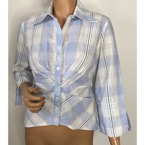 Tinley Blouse Size Medium Plaid White /blue 3/4 Sleeves